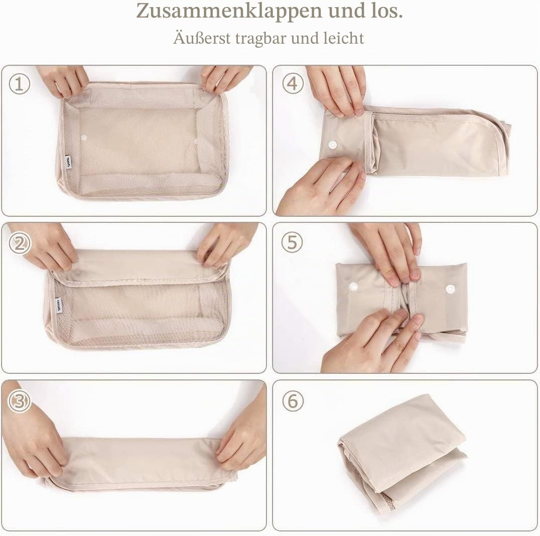 Reise Packwuerfel Set 8-teilig faltbar Gepaeck Organizer Aufbewahrung Beige