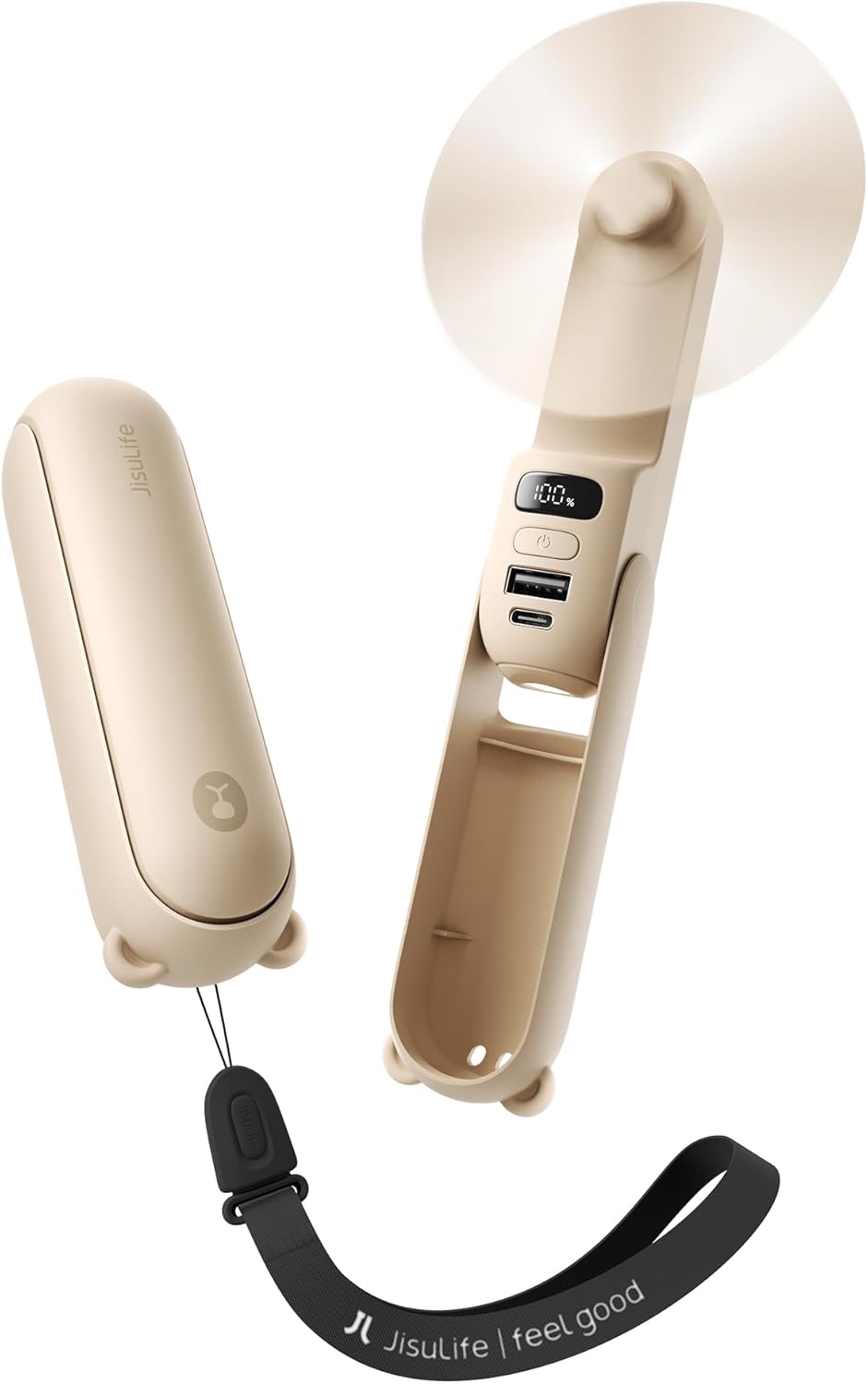 JISULIFE Mini Handventilator braun mit Powerbank LED-Anzeige Taschenlampe 24h