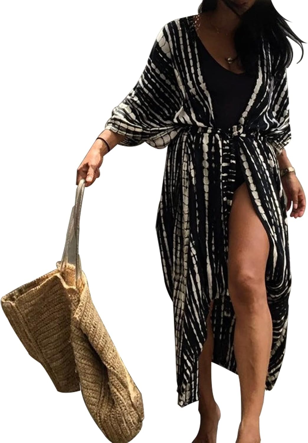 Long Beach Damen Maxi Strandkleid Kimono Cardigan offen Boho Blumen