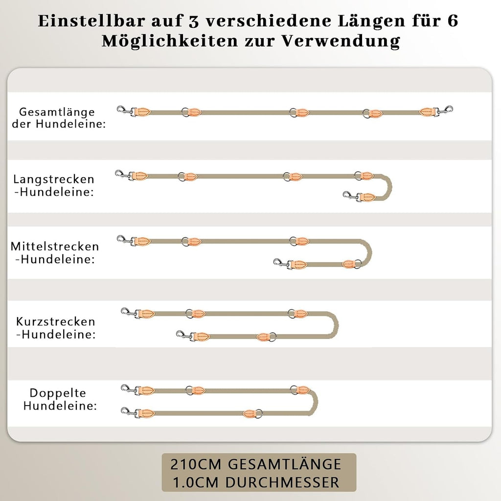 Multifunktions Hundeleine 2,1 m Nylon Beige mit 2 Karabinern fuer 2 Hunde