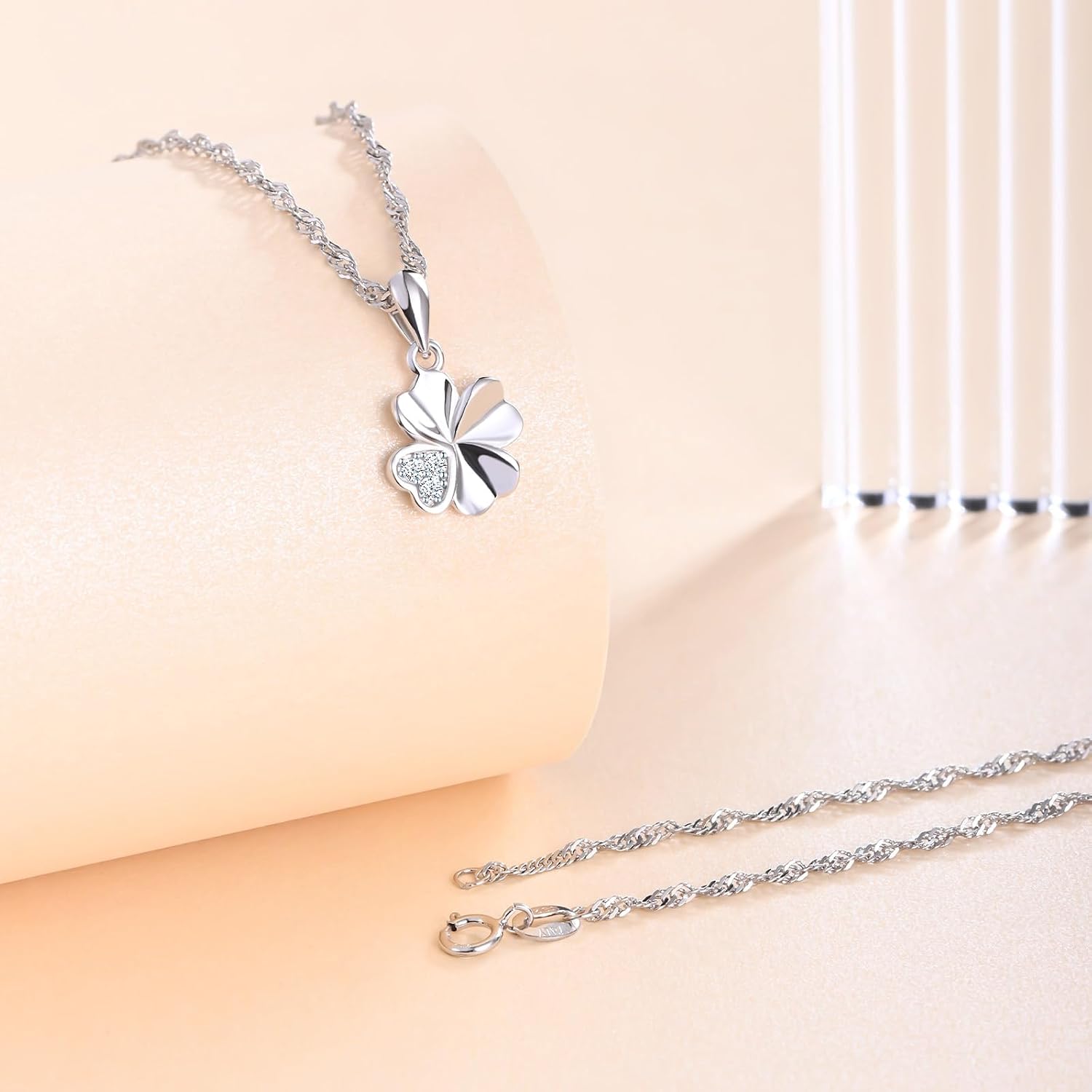 925 Sterling Silber Damen Kette Kleeblatt Anhaenger Zirkonia Gluecksbringer