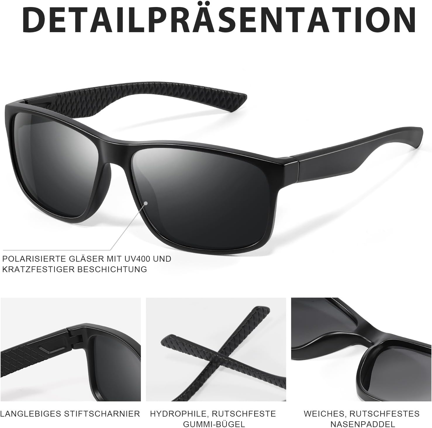 Sonnenbrille Herren Damen polarisiert UV400 unisex schwarz rechteckig Sport