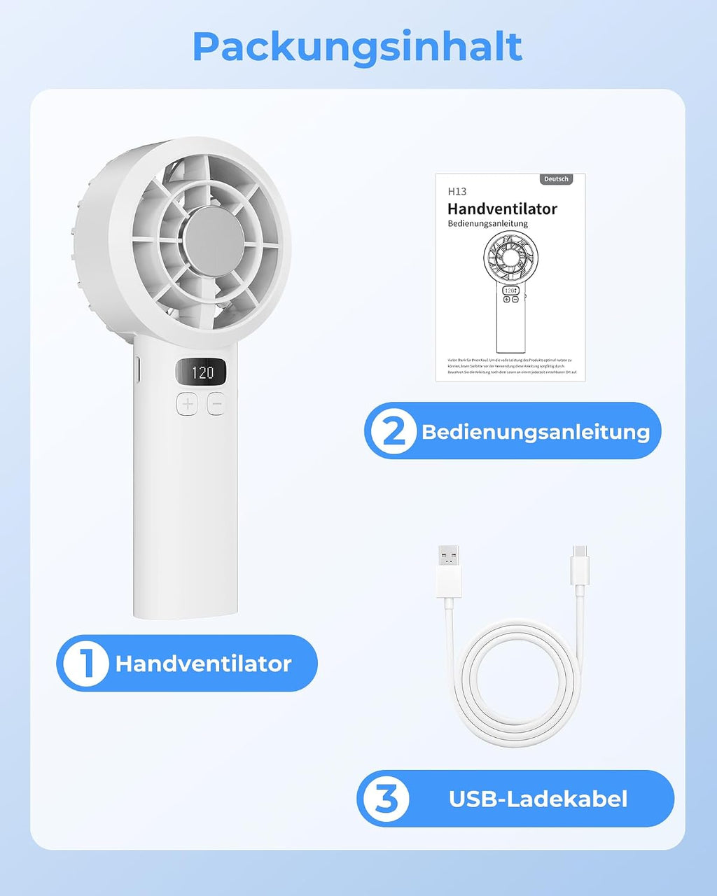 USB Mini Handventilator 7000 RPM, 120 Stufen, 3000mAh Akku, LED-Display