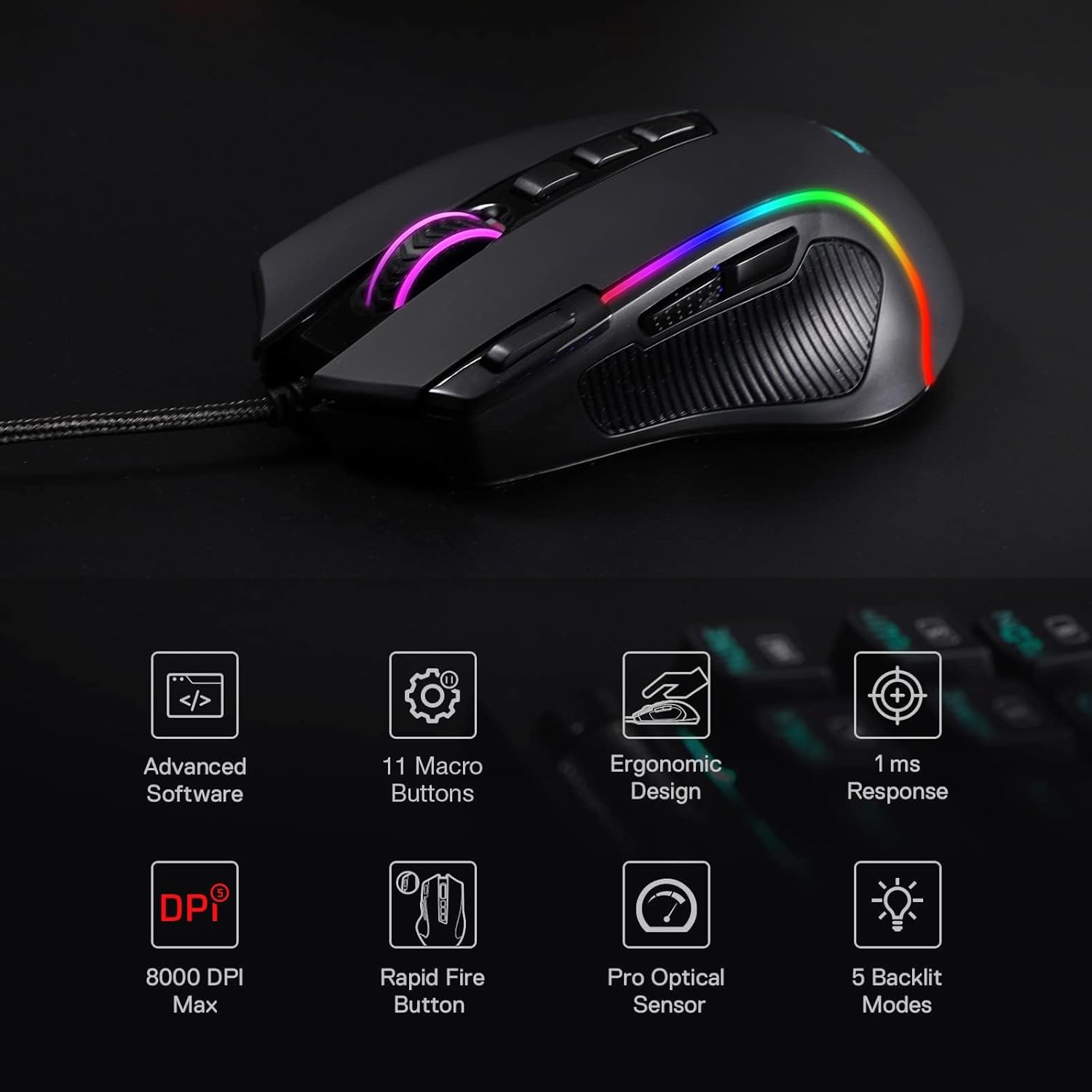 Redragon M612 Predator RGB Gamingmaus 8000 DPI kabelgebunden 11 Tasten
