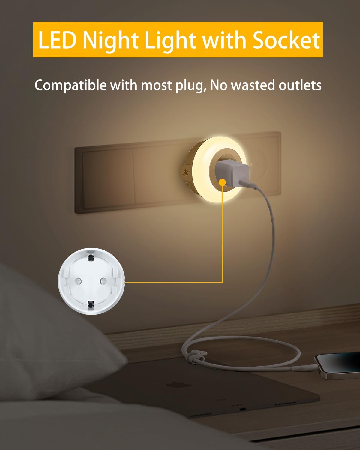 Nachtlicht Steckdose mit Daemmerungssensor dimmbar warmweiss fuer Flur Schlafzimmer