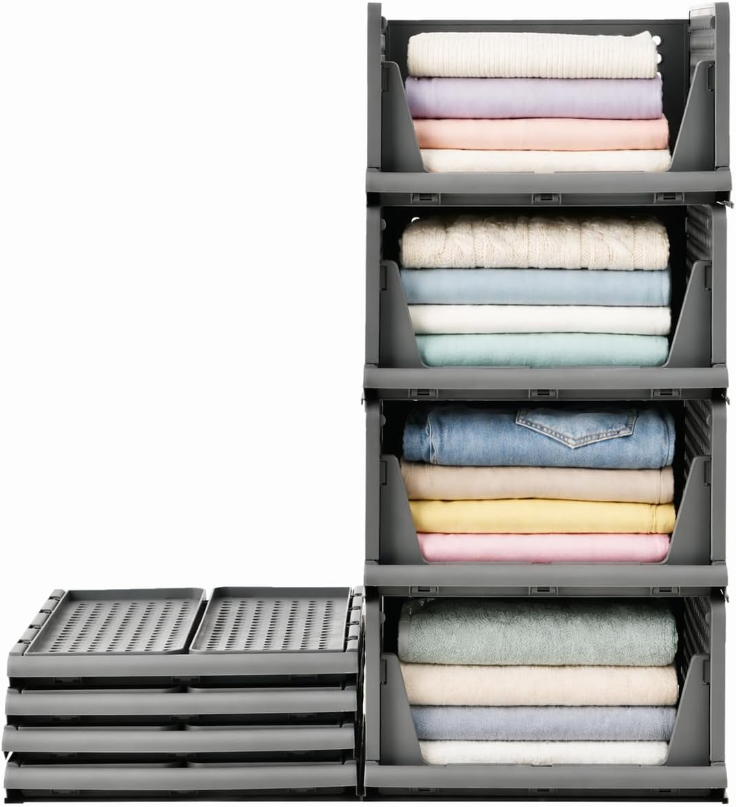 4er Set Stapelboxen Kleiderschrank Organizer Kunststoff Grau RMAN