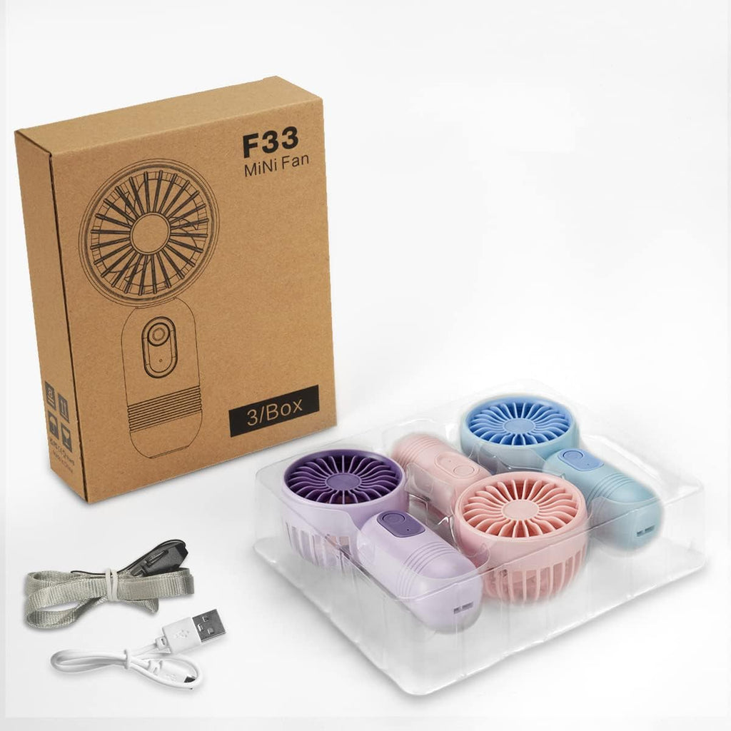 3er-Set Mini-Handventilator Akku, 3 Stufen, tragbar fuer Kinder Erwachsene Senior