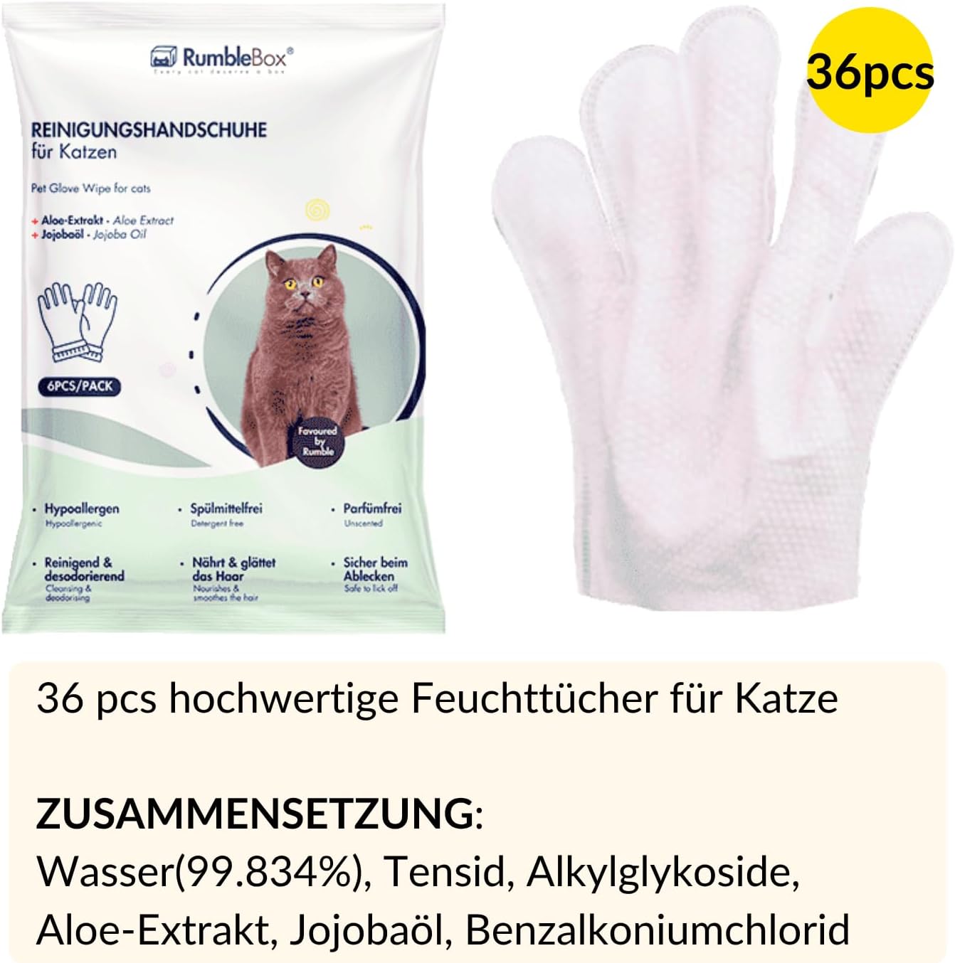 Feuchttuecher fuer Katzen und Hunde XXL 36 Stueck Handschuhe Fellpflege Massage