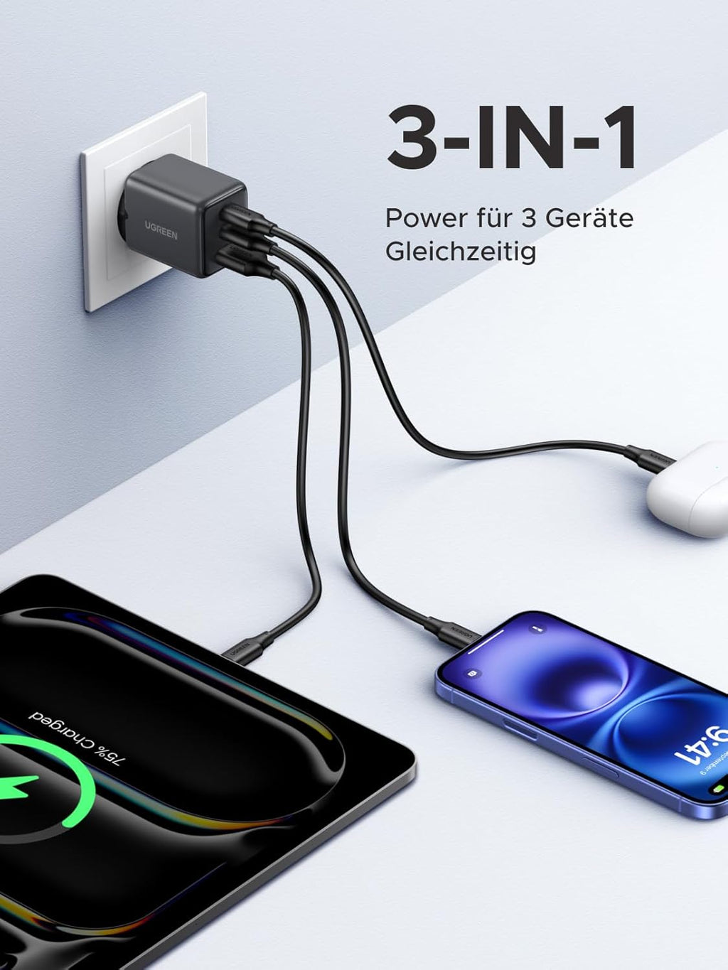 UGREEN 30W USB C Ladegeraet GaN II 3‑Port PD Schnellladegeraet schwarz