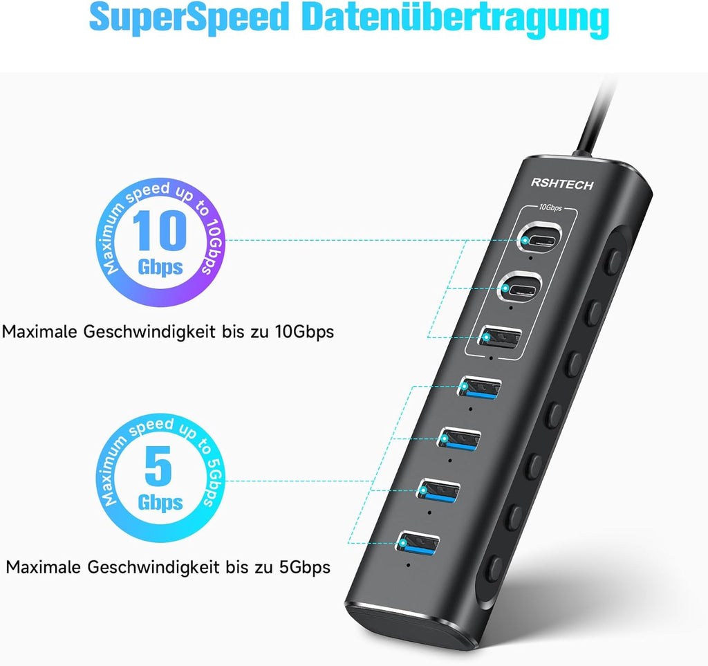 RSHTECH USB‑C Hub 7‑Port 10 Gbps mit Netzteil, USB Splitter Adapter
