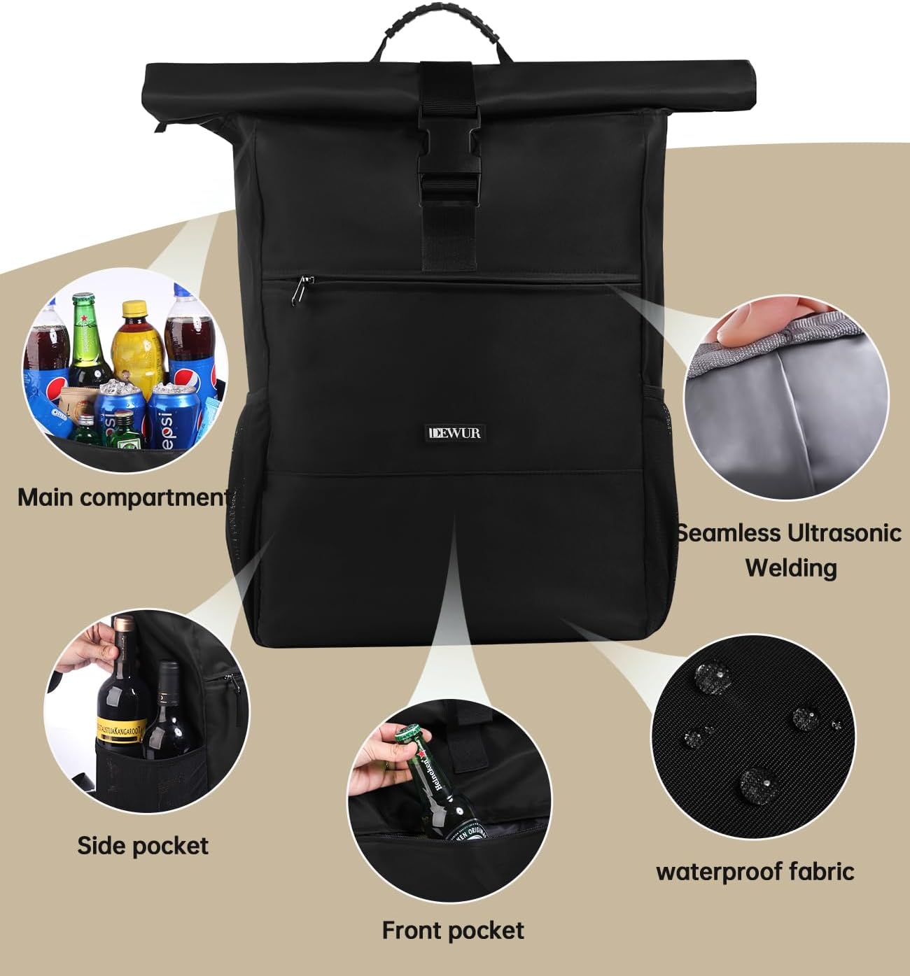 DEWUR Thermo Rucksack Kuehlrucksack wasserdicht mit Flaschenoeffner Schwarz