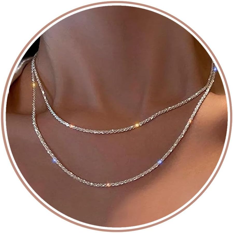 CASSIECA Damen 2er Set Silber Ketten Layered Singapur- und Popcornkette
