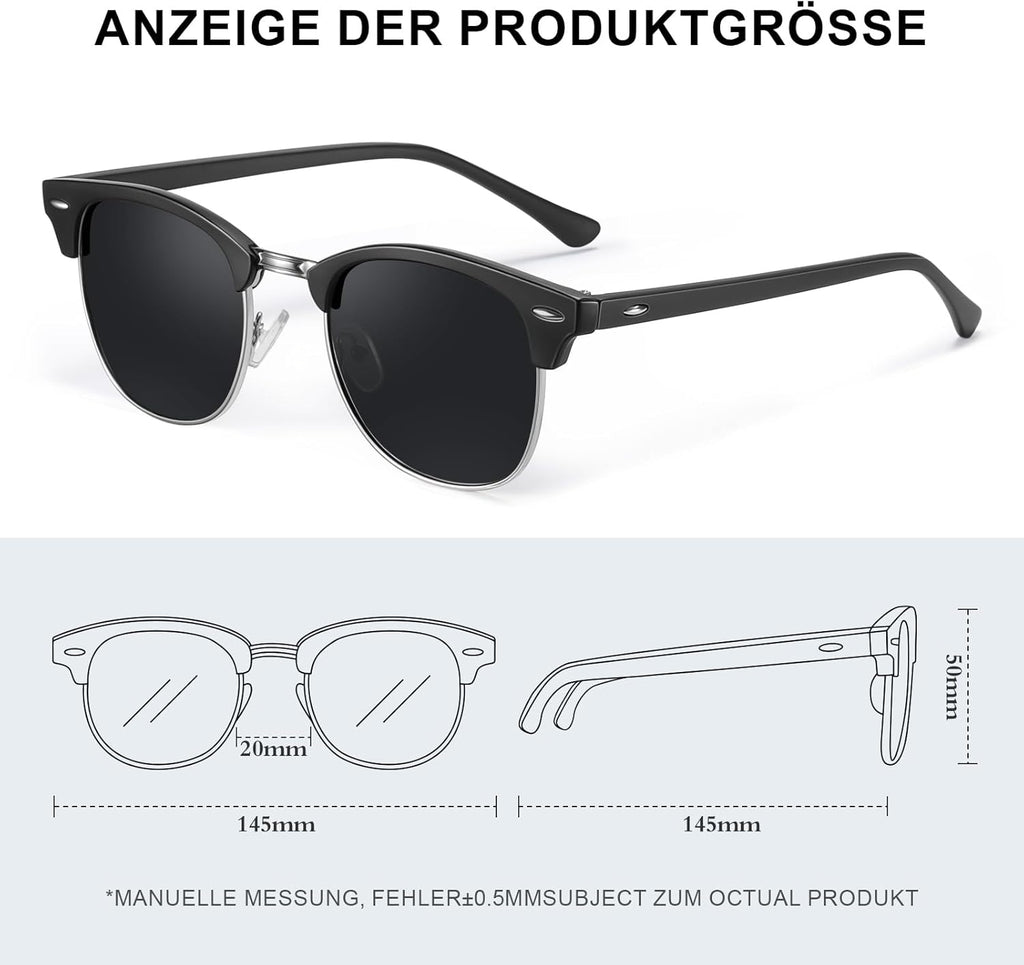 Polarisierte Sonnenbrille Herren Damen Halbrahmen Schwarz UV400 Retro