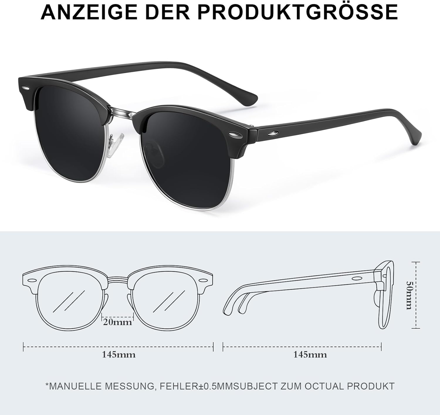 Polarisierte Sonnenbrille Herren Damen Halbrahmen Schwarz UV400 Retro
