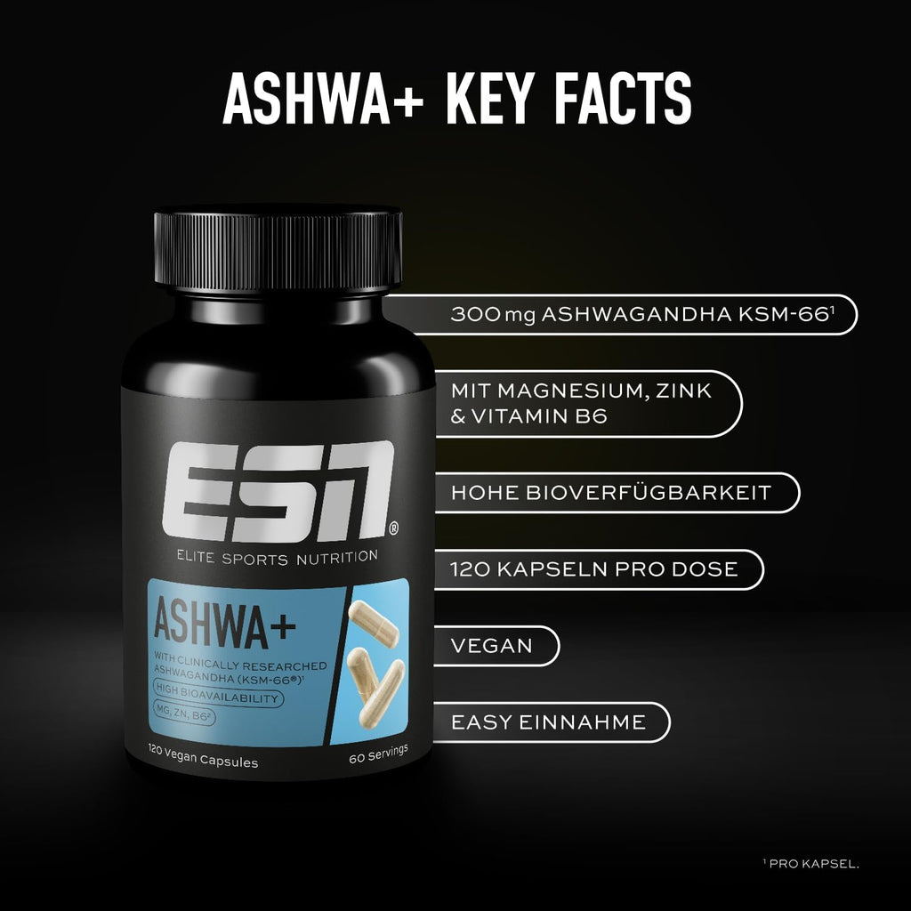 ESN Ashwa+ Ashwagandha KSM‑66 120 Kapseln mit Magnesium B6 Zink 86g