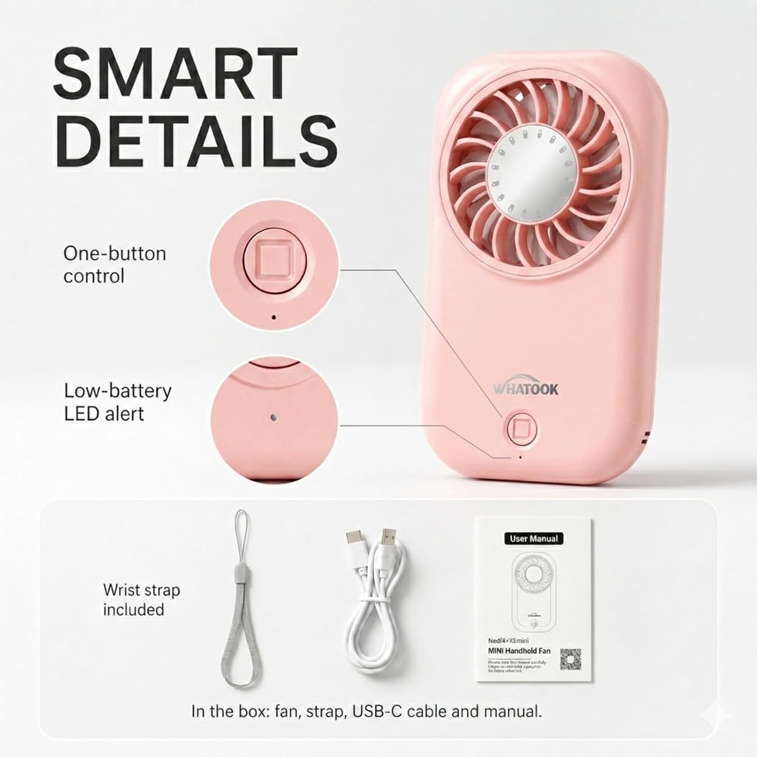 WHATOOK Mini Handventilator USB-C, 5 Geschwindigkeiten, 11000 U/min, Pink