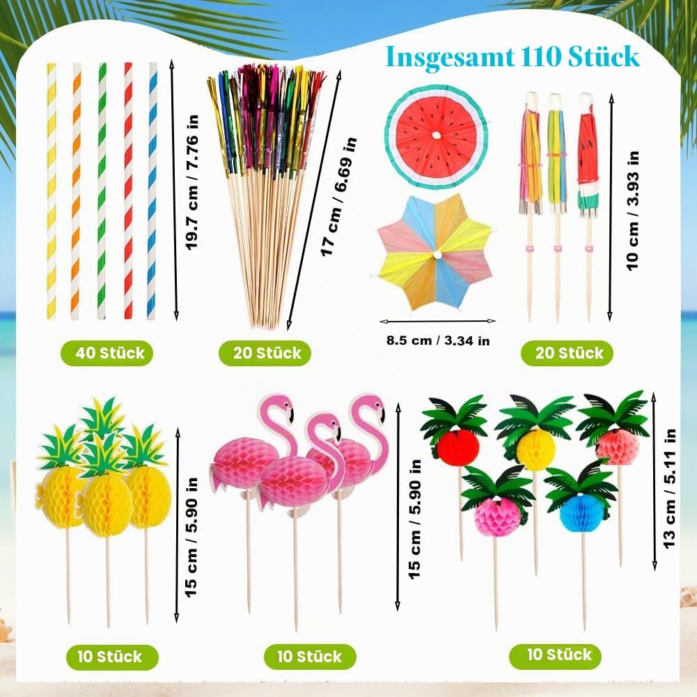 80-teiliges Cocktail Deko-Set Schirmchen Strohhalme Wunderkerzen