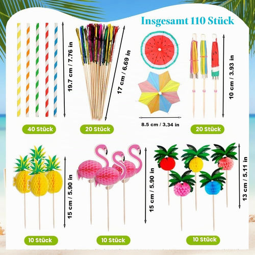 80-teiliges Cocktail Deko-Set Schirmchen Strohhalme Wunderkerzen