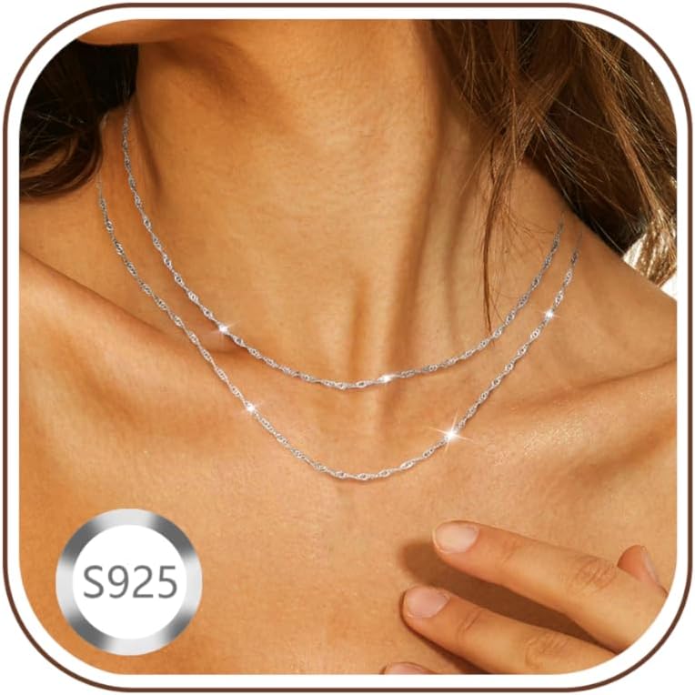 CASSIECA Damen 2er Set Silber Ketten Layered Singapur- und Popcornkette
