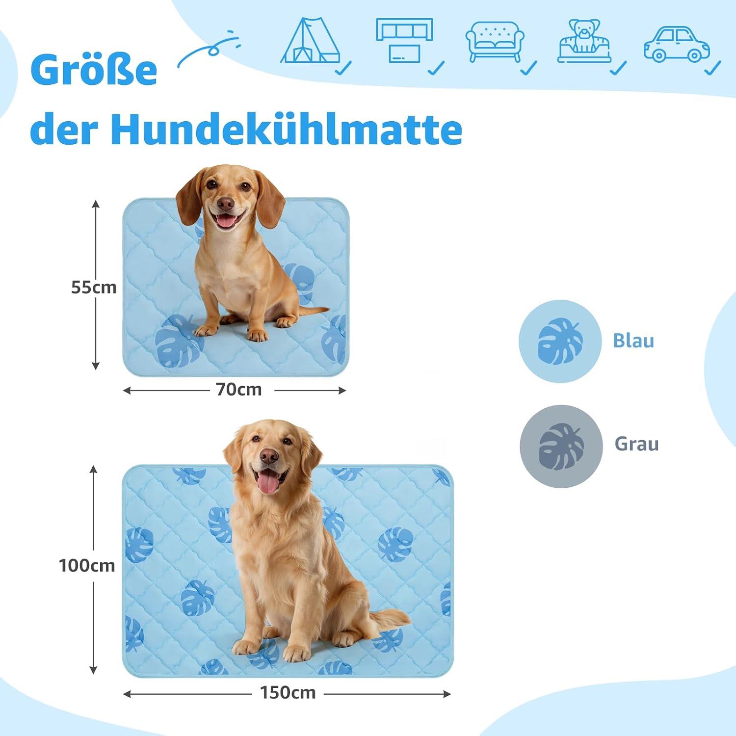PICK FOR LIFE Kuehldecke Hund 70x55 cm Waschbar selbstkuehlend Grau 1cm