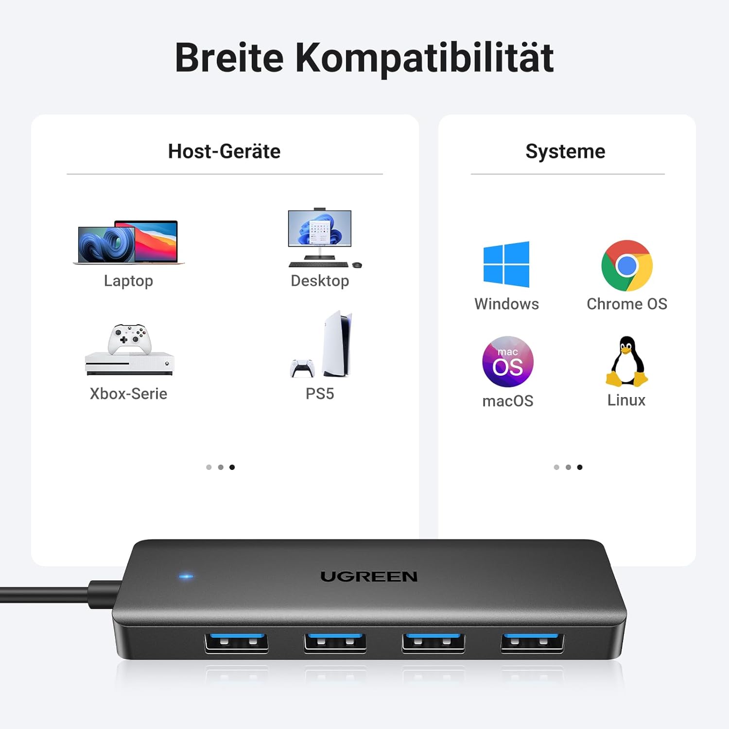 UGREEN USB 3.0 4‑Port Hub 5 Gbps mit 15cm-100cm Kabel