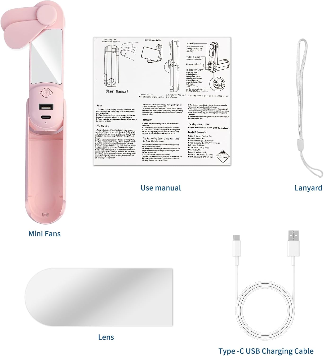 CNMTCCO Handventilator 5-in-1 Akku USB mit Powerbank Taschenlampe Spiegel Rosa