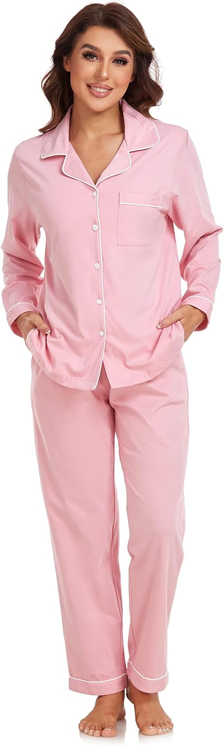 Colorfulleaf Damen Schlafanzug Lang Zweiteiler 100% Baumwolle Knopfleiste S-XXL