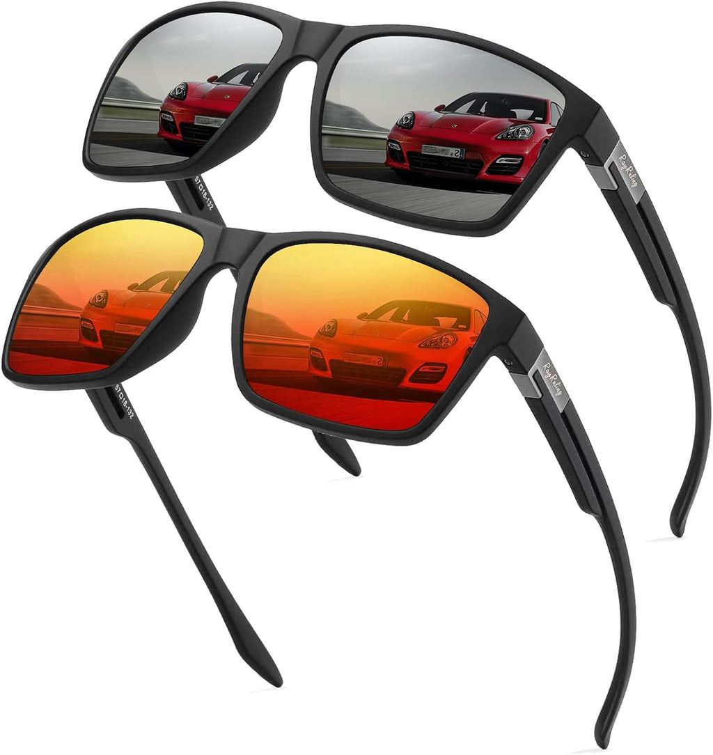 2er Set Polarisierte Sonnenbrillen Herren Damen UV400 Sport Retro TR90 Schwarz