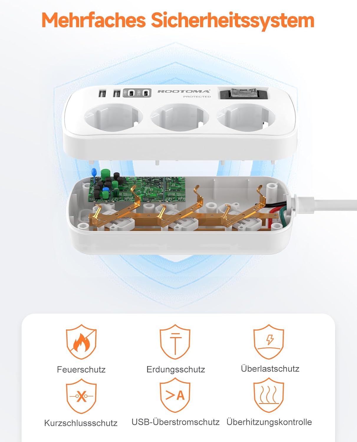 Steckdosenleiste 3-fach mit Ueberspannungsschutz und 4 USB 2x USB-C 1,5m-5m Weiss