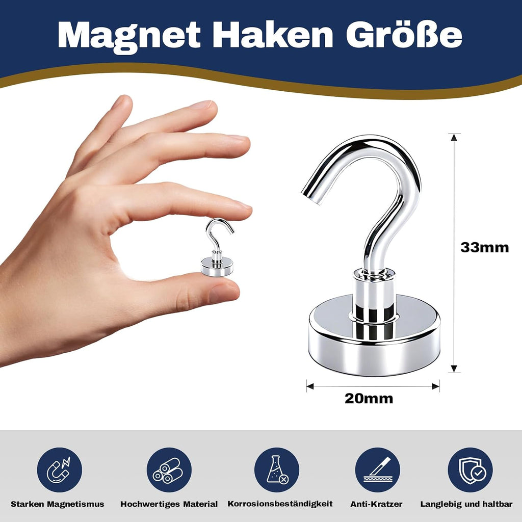 10x Neodym Magnethaken 20x33 mm 15 kg Tragkraft - stark, abnehmbar, ohne Bohren