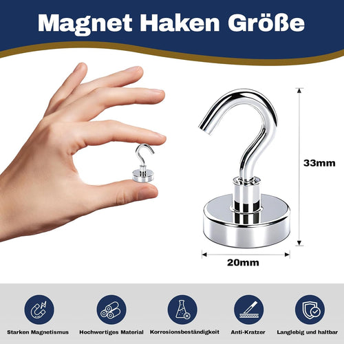 10x Neodym Magnethaken 20x33 mm 15 kg Tragkraft - stark, abnehmbar, ohne Bohren