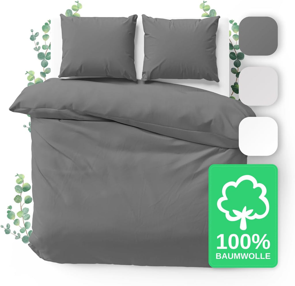 Bettwaesche 135x200 Baumwolle Perkal 2-teilig Anthrazit mit Reissverschluss
