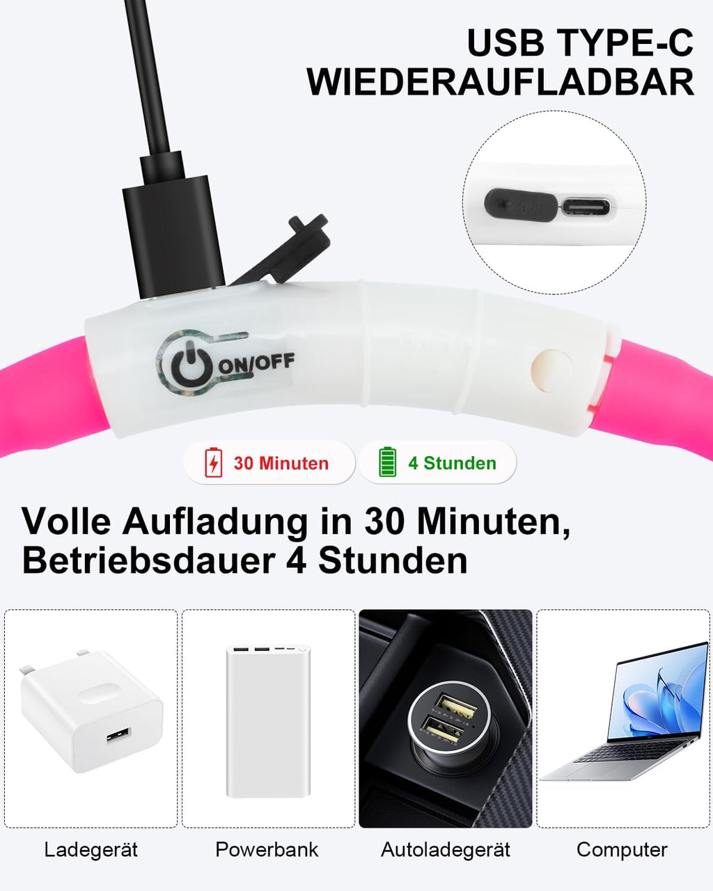 Joytale LED Leuchthalsband USB aufladbar Rosa - 3 Modi fuer kleine bis grosse Hund