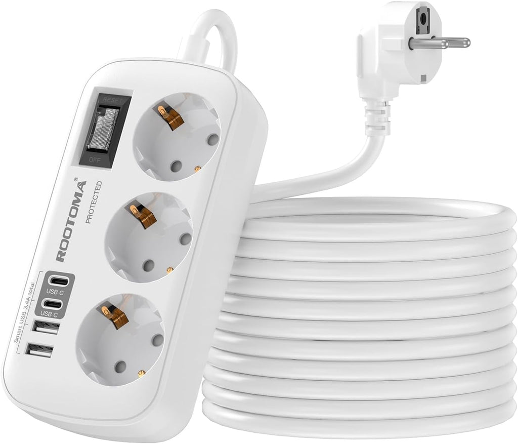 Steckdosenleiste 3-fach mit Ueberspannungsschutz und 4 USB 2x USB-C 1,5m-5m Weiss
