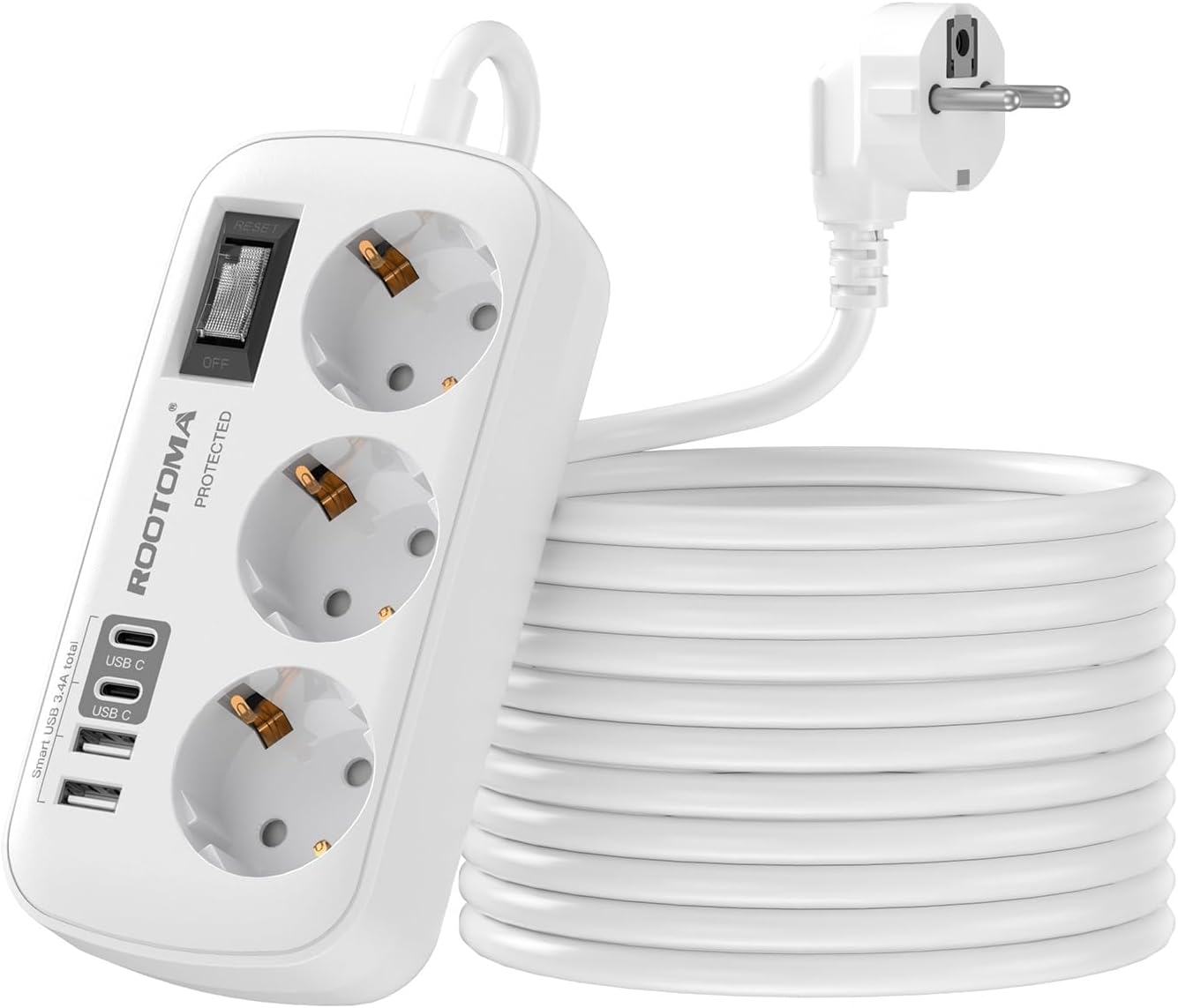 Steckdosenleiste 3-fach mit Ueberspannungsschutz und 4 USB 2x USB-C 1,5m-5m Weiss