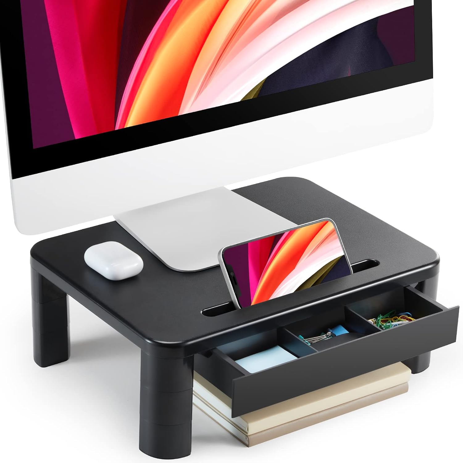 LORYERGO Monitorstaender hoehenverstellbar mit Schublade und Handyhalter PC Organi
