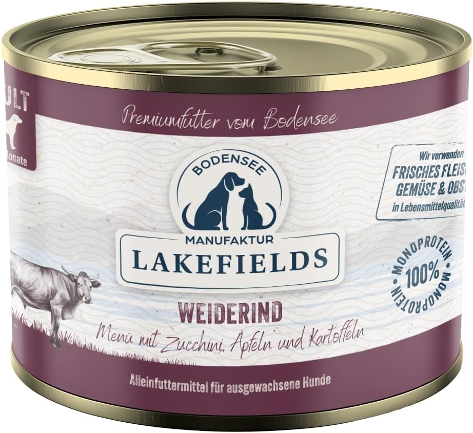 Lakefields Hundefutter Nass Rind 61% 6 x Getreidefrei mit Obst & Gemuese 200