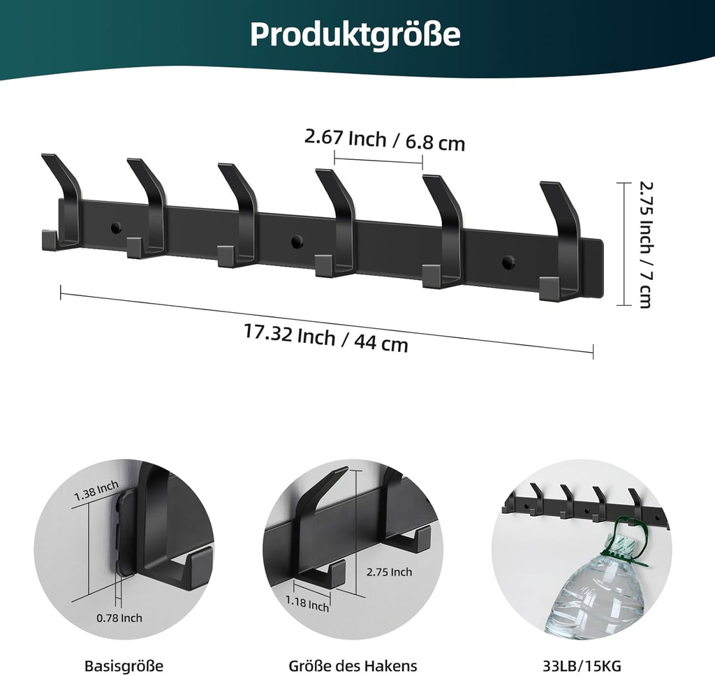 Kleiderhaken Wand 2er Set Hakenleiste Garderobe mit 6 Haken schwarz