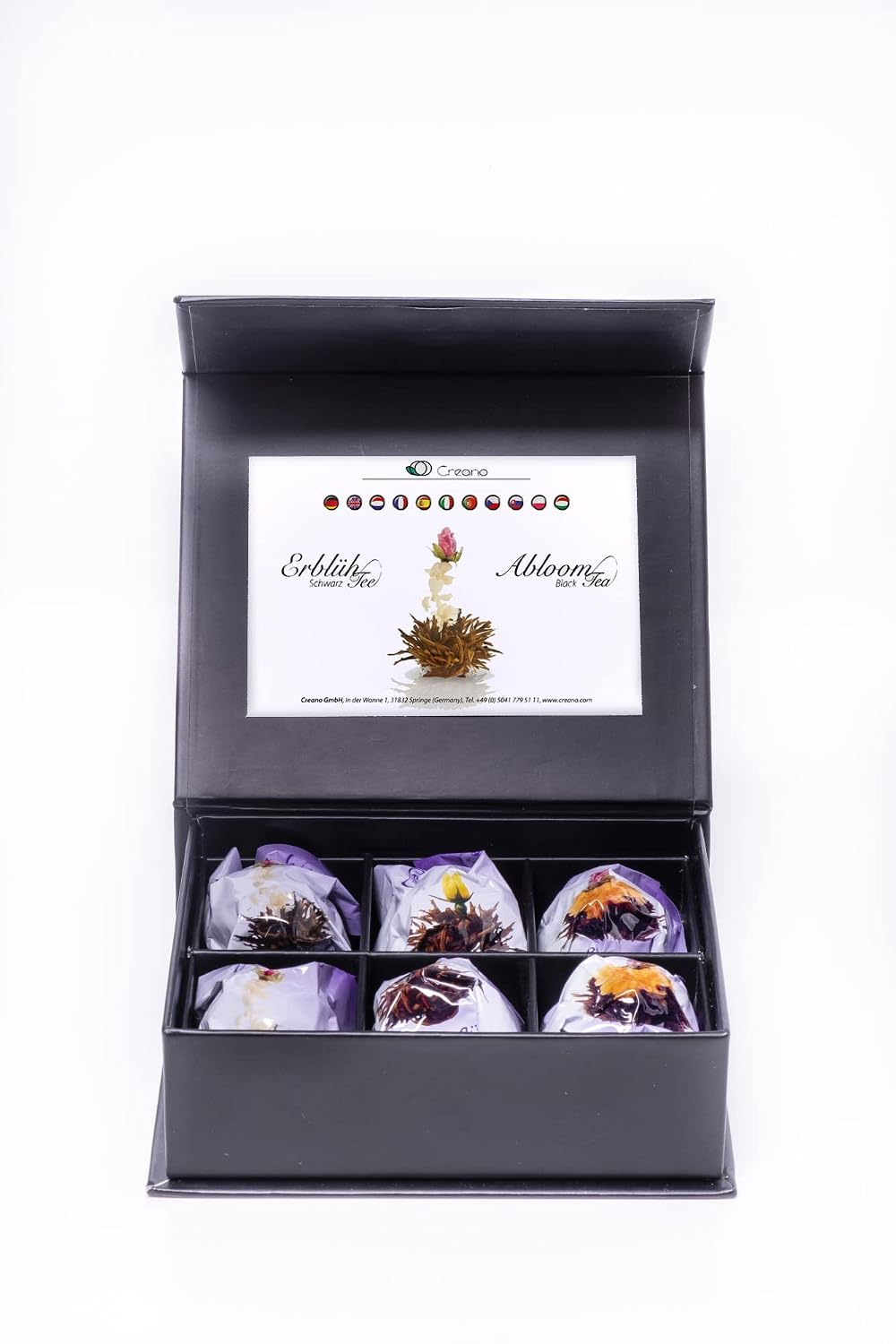 Creano Teeblumen Geschenkbox 6 Sorten Magnetbox Weiss Gruen Schwarz, verschiedene