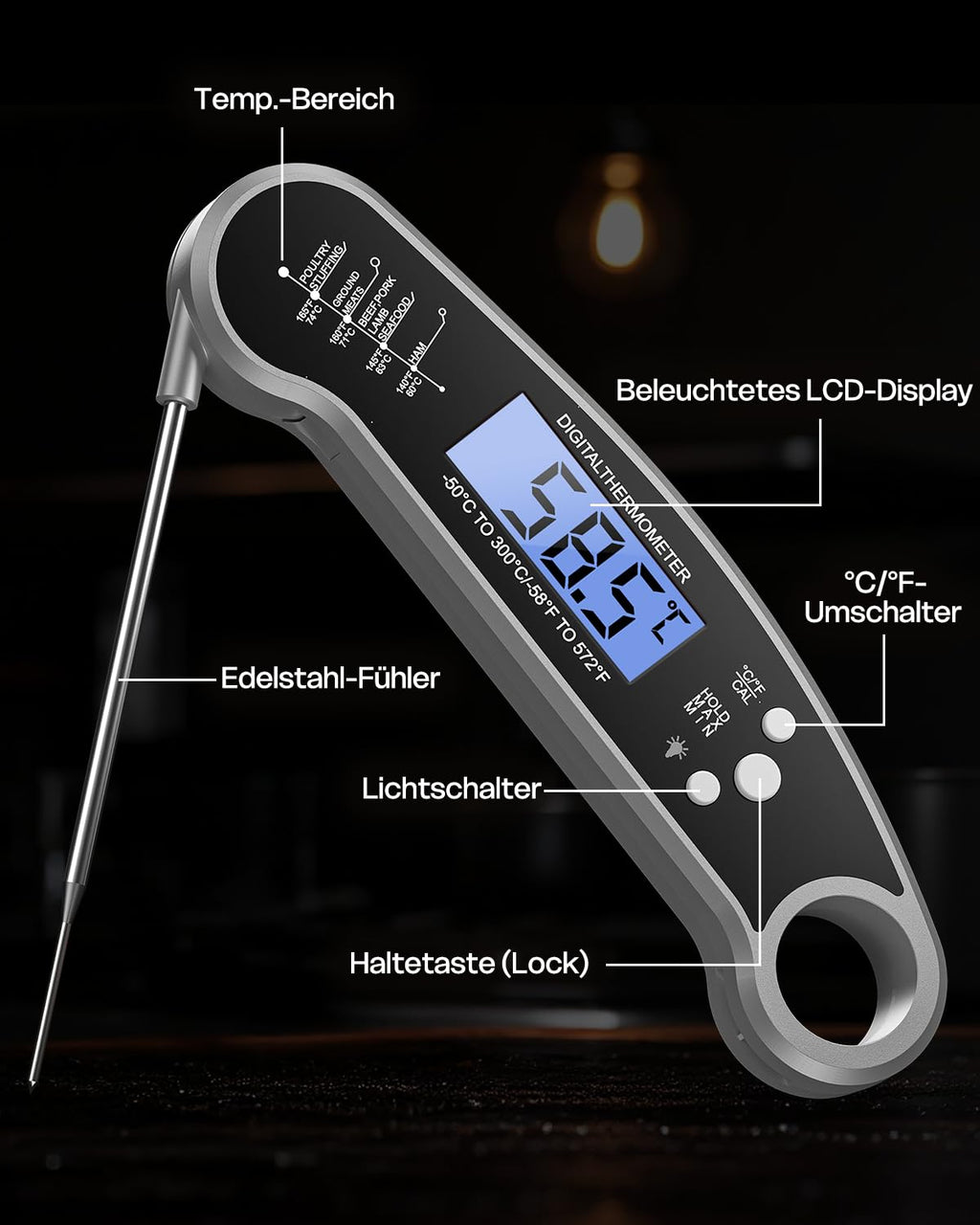Digitales klappbares Fleischthermometer wasserdicht 3 Sekunden Anzeige