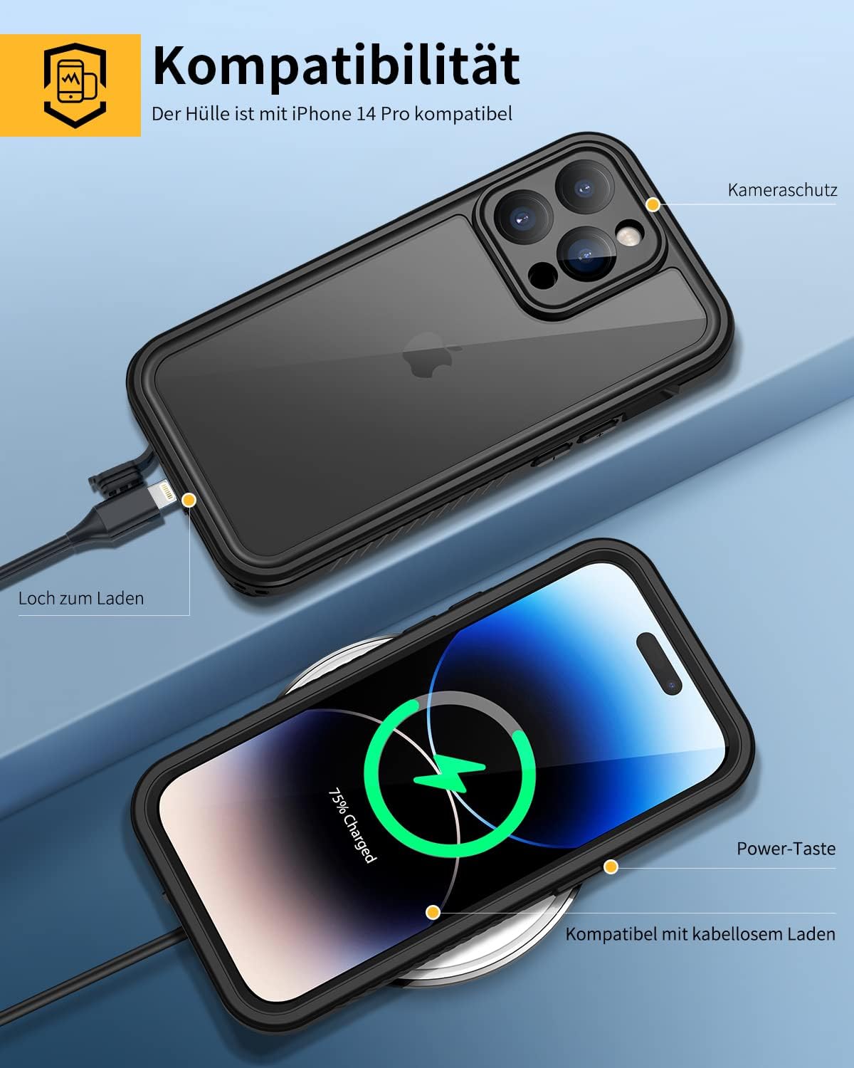 Lanhiem iPhone 15 Huelle IP68 Wasserdicht 360° Ganzkoerper Schutz Stossfest Schwarz