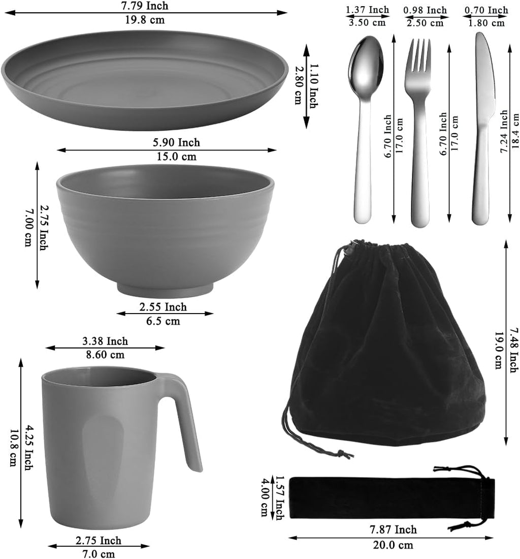 ReaNea Camping Besteckset mit Messer Gabel Loeffel Tasse Schuessel Teller