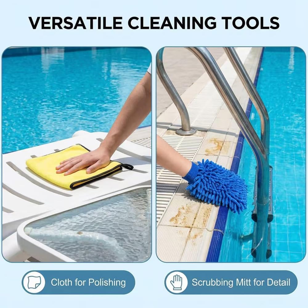 Poolbuersten Set 45 cm mit Teleskopstange 230 cm, Reinigungstuch & Waschhandschuh