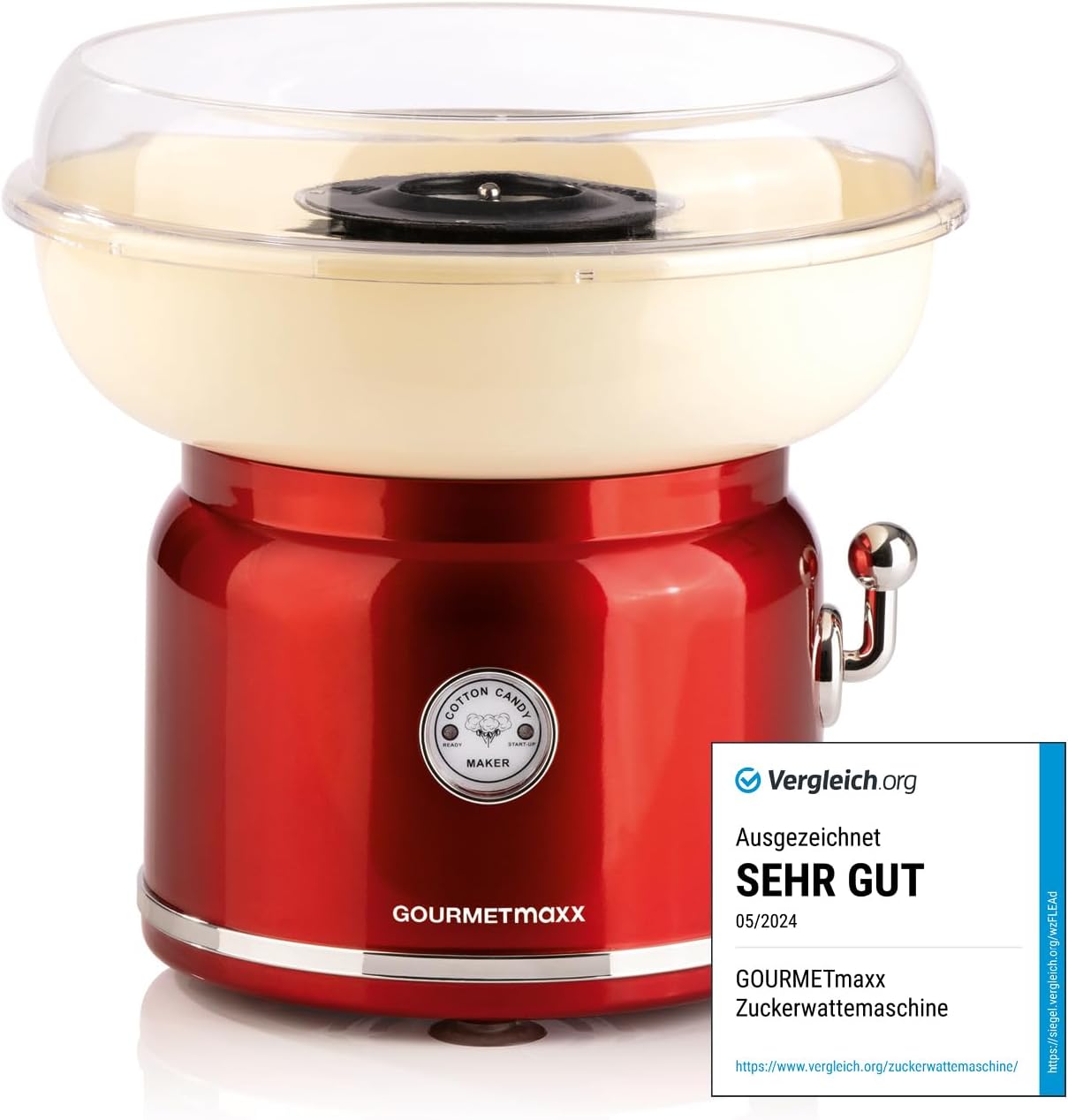 GOURMETmaxx Zuckerwattemaschine Retro mit Staebchen und Messloeffel Rot Weiss