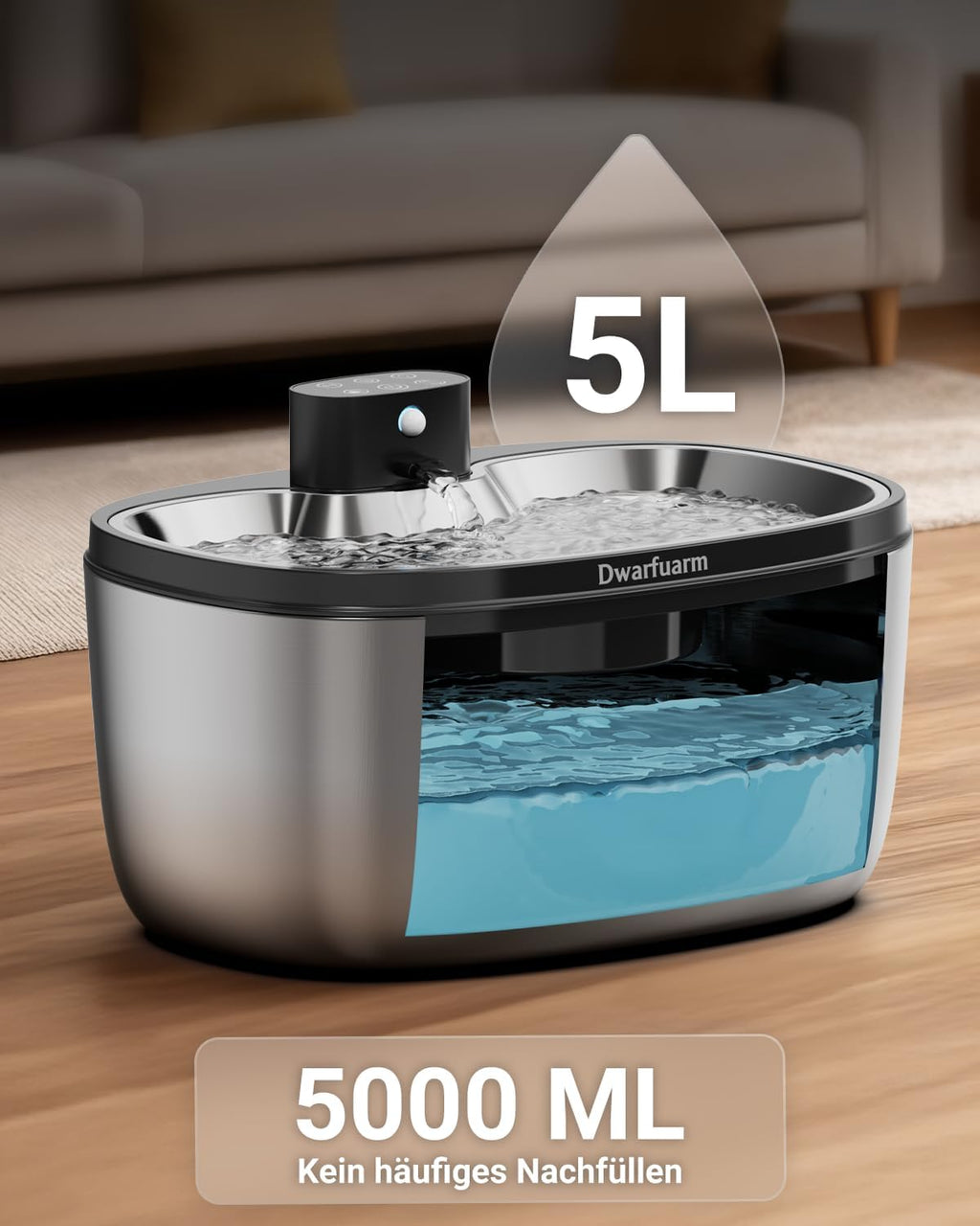 Kabelloser Trinkbrunnen fuer Hunde Katzen, 4000mAh, LED Sensor, Edelstahl, 4‑S