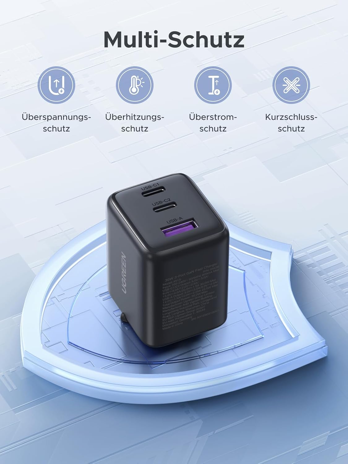 UGREEN 30W USB C Ladegeraet GaN II 3‑Port PD Schnellladegeraet schwarz