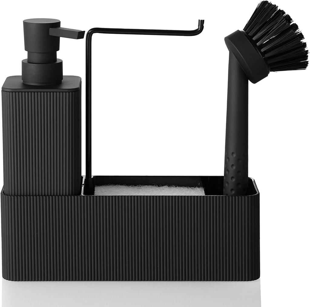 Spuelmittelspender mit Schwammhalter Schwarz Set fuer Kueche Waschbecken