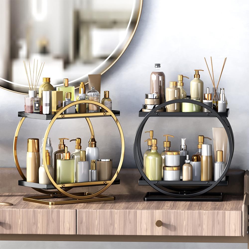 Make-up Organizer 2-stoeckig Metall schwarz rund Kosmetikaufbewahrung