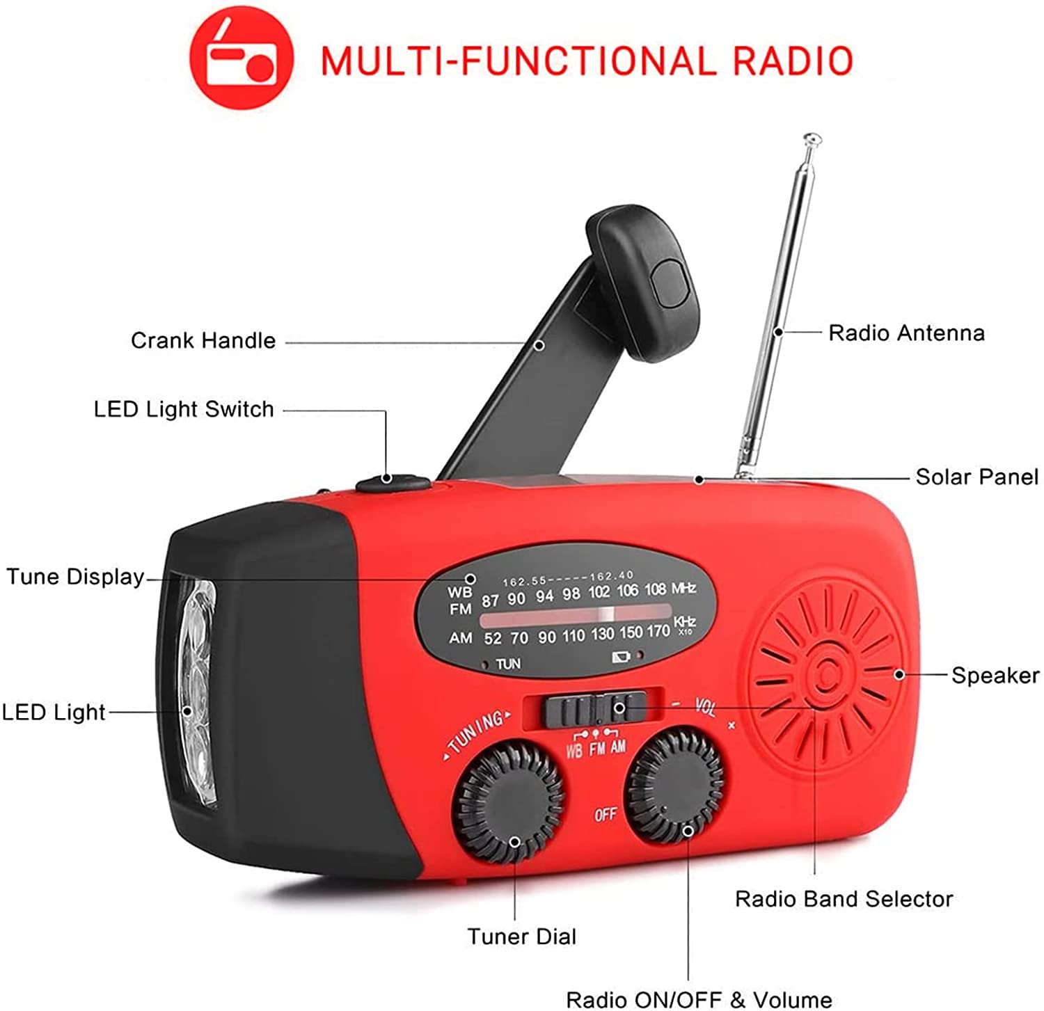 Tragbares Solar Kurbelradio mit AM/FM, 2000mAh Powerbank, LED Lampe, USB, orange