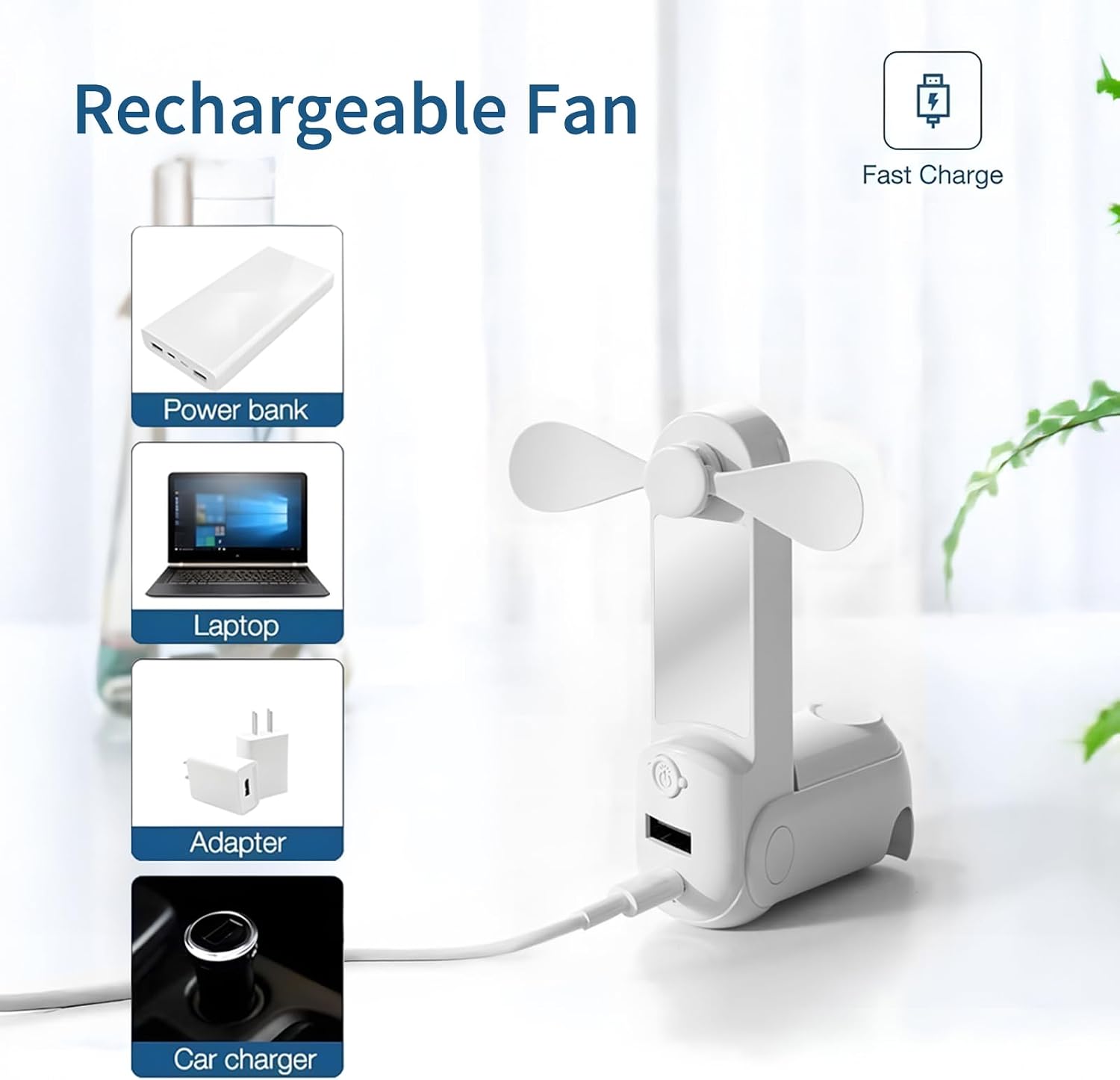 CNMTCCO Handventilator 5-in-1 Akku USB mit Powerbank Taschenlampe Spiegel Rosa